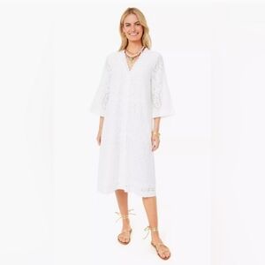 Tuckernuck Provincial Eyelet Cote D’Azur White Caftan Midi Dress Coverup